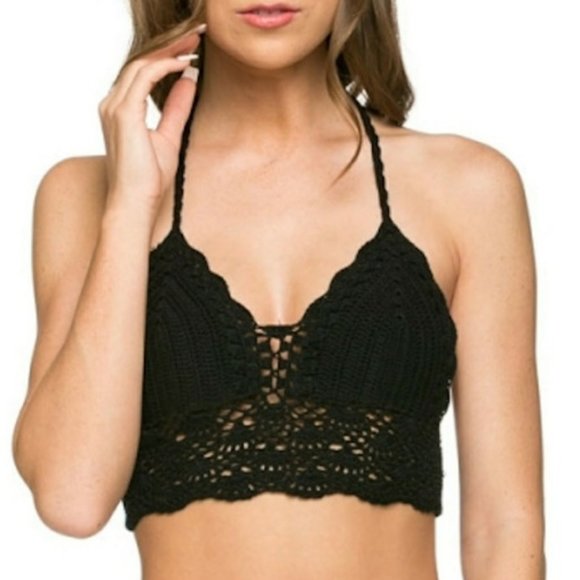 Boho Black Crochet Anemone Black Crop Halter Top. New ~ One Size! - Picture 6 of 7